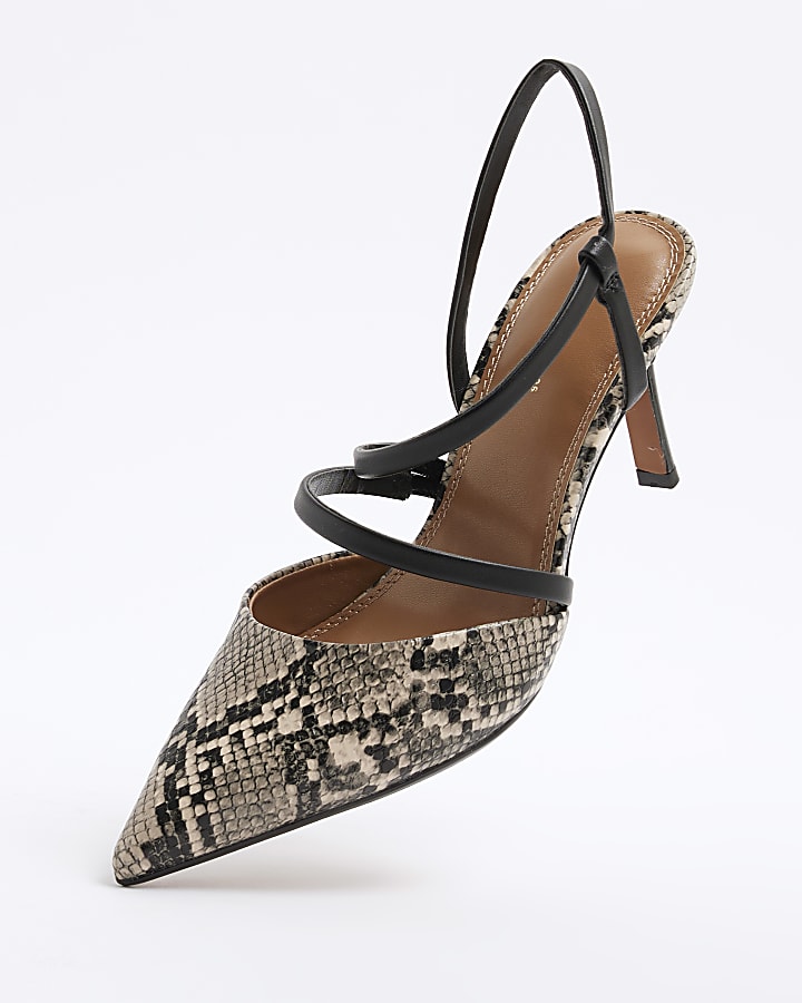 Grey Multi Strap Snake Print Court Heels