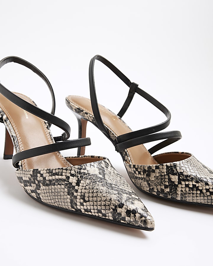 Grey Multi Strap Snake Print Court Heels