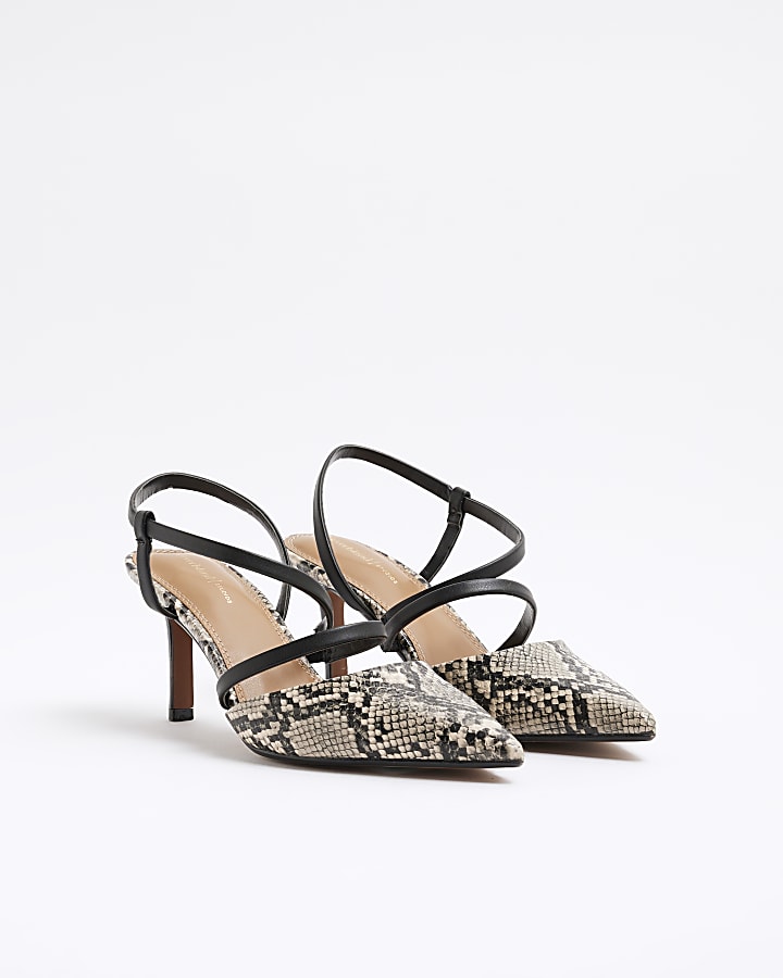 Grey Multi Strap Snake Print Court Heels