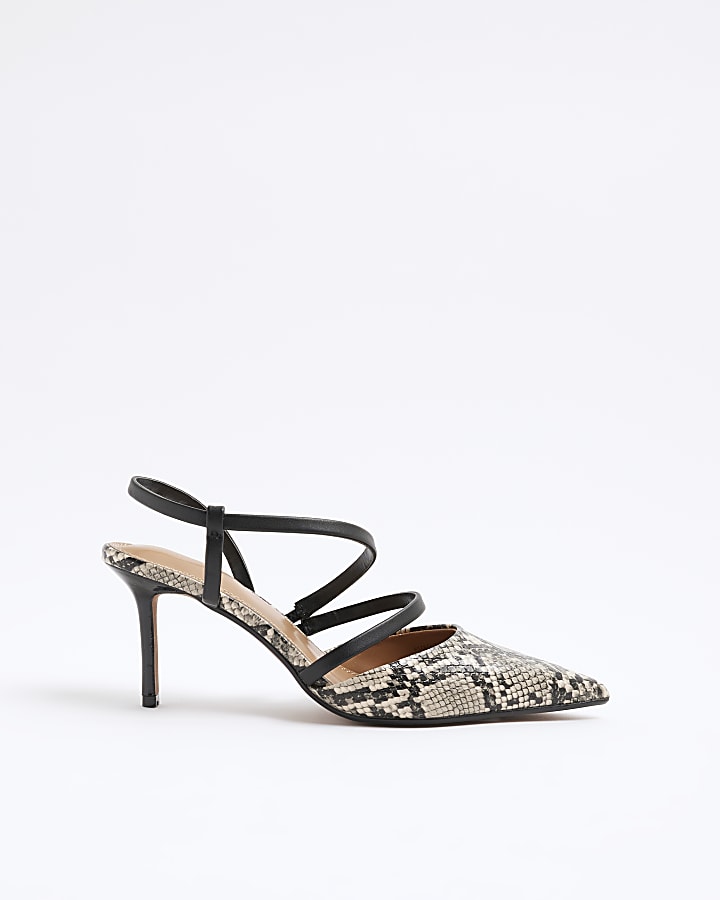 Grey Multi Strap Snake Print Court Heels