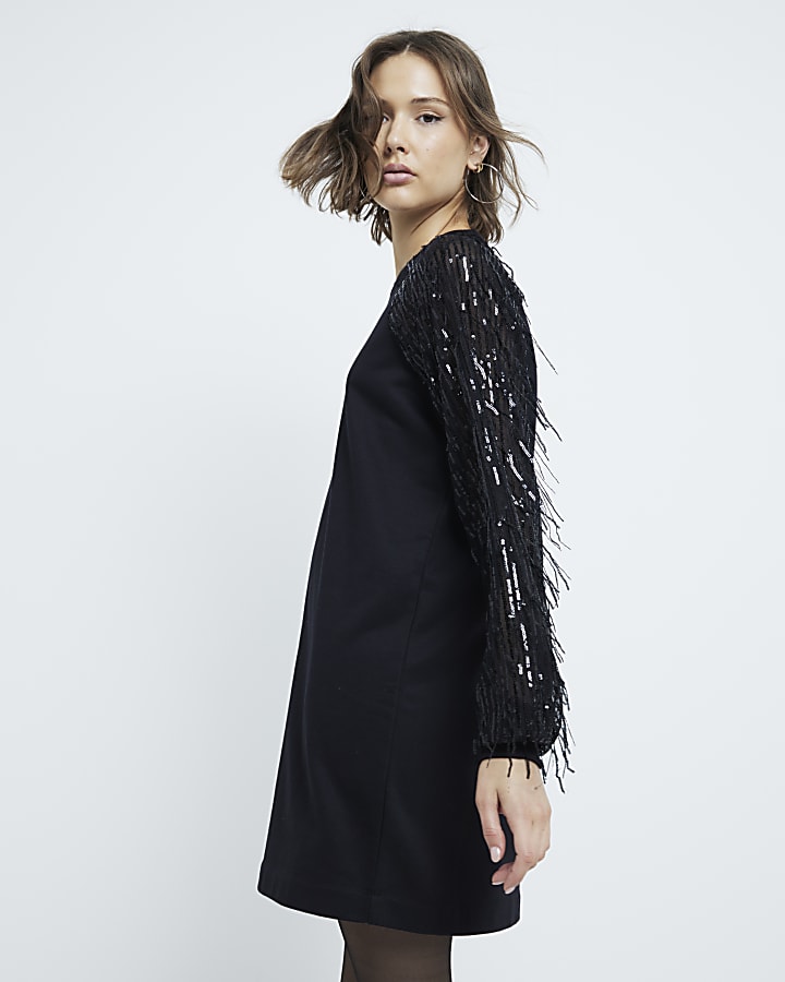Black Sequin Sweatshirt Dress
