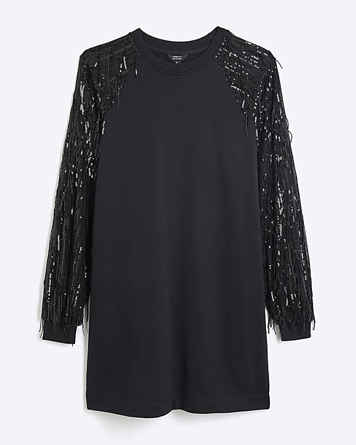 Black Sequin Sweatshirt Dress