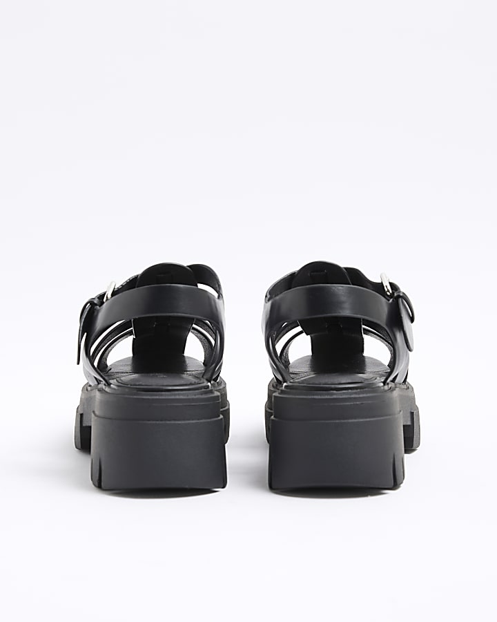 Black Faux Leather Chunky Fisherman Sandals