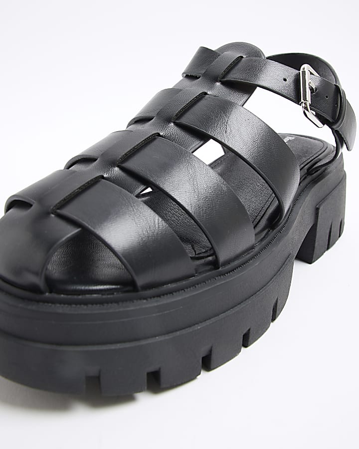 Black Faux Leather Chunky Fisherman Sandals