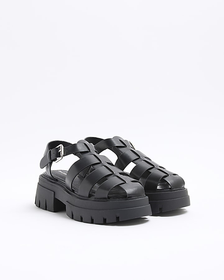 Black Faux Leather Chunky Fisherman Sandals