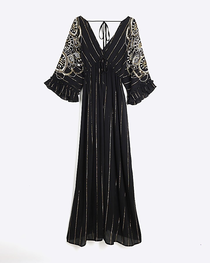 Black Embellished Batwing Maxi Beach Dress