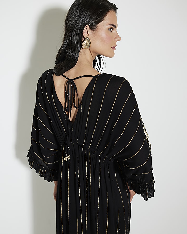 Black Embellished Batwing Maxi Beach Dress