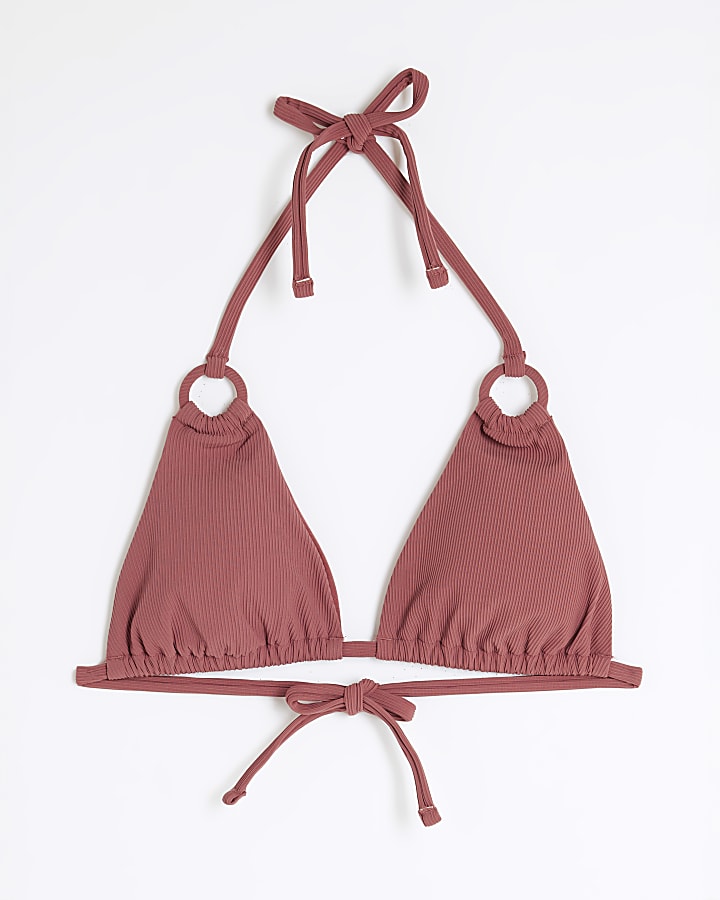 Brown Ribbed Triangle Ring Bikini Top