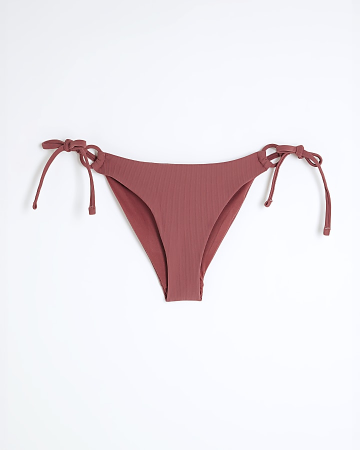 Brown Ribbed Ring Detail Bikini Bottoms