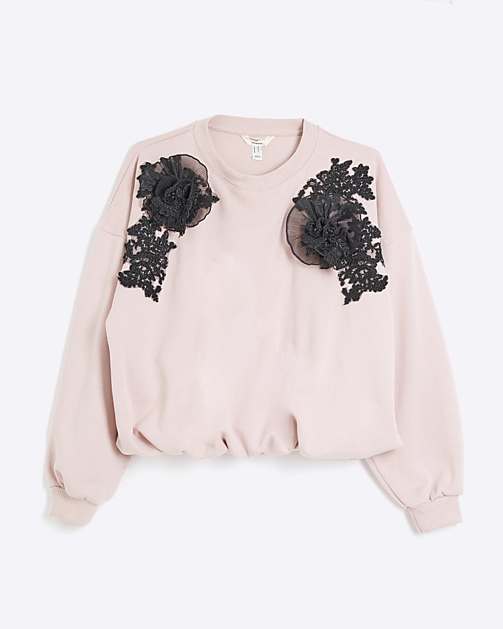 Pink 3D Lace Shoulder Sweatshirt