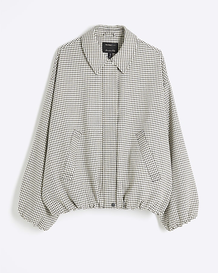 Beige Check Bubble Hem Bomber Jacket