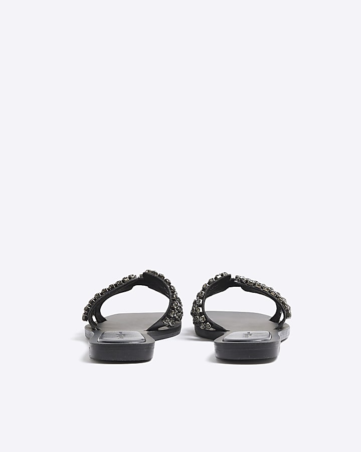 Black Diamante Cut Out Flat Sandals