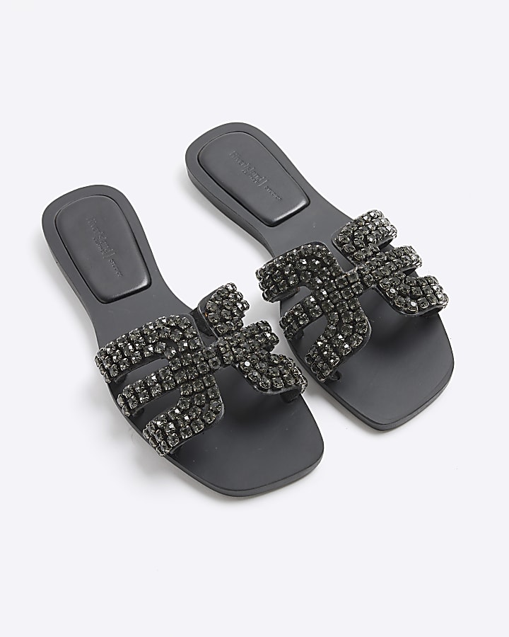 Black Diamante Cut Out Flat Sandals