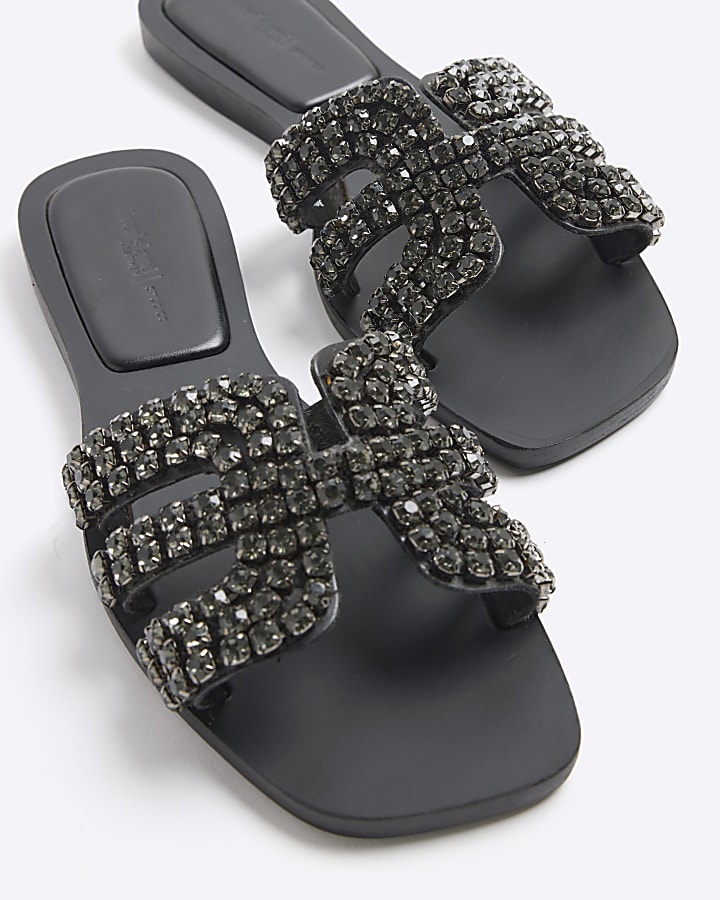 Black Diamante Cut Out Flat Sandals