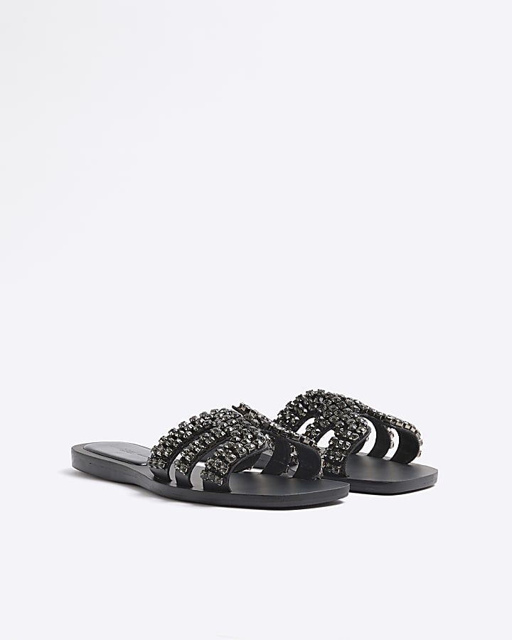 Black Diamante Cut Out Flat Sandals