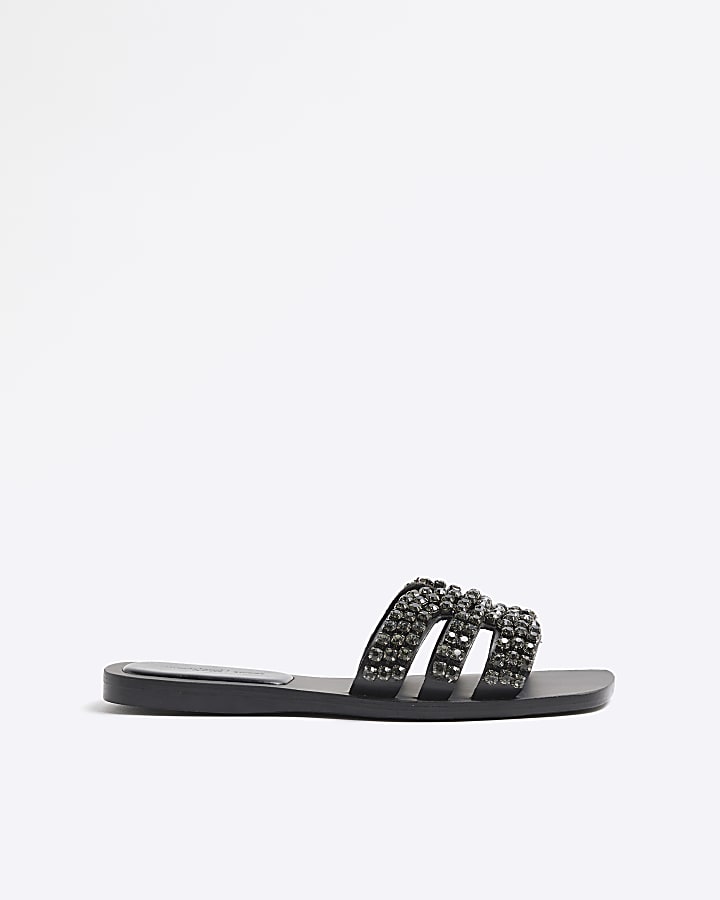 Black Diamante Cut Out Flat Sandals