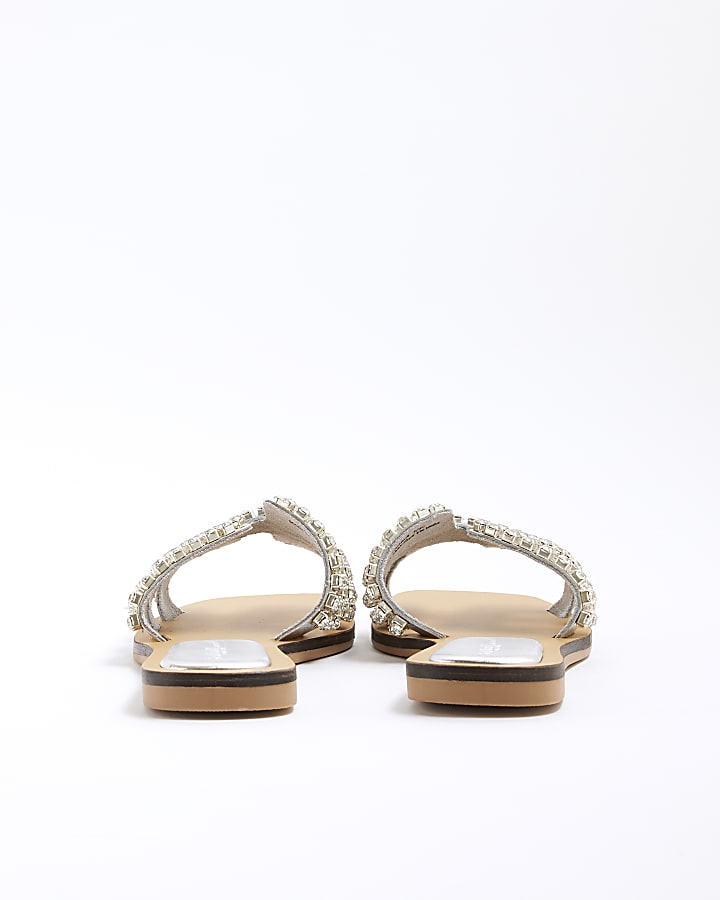 Silver Diamante Cut Out Flat Sandals