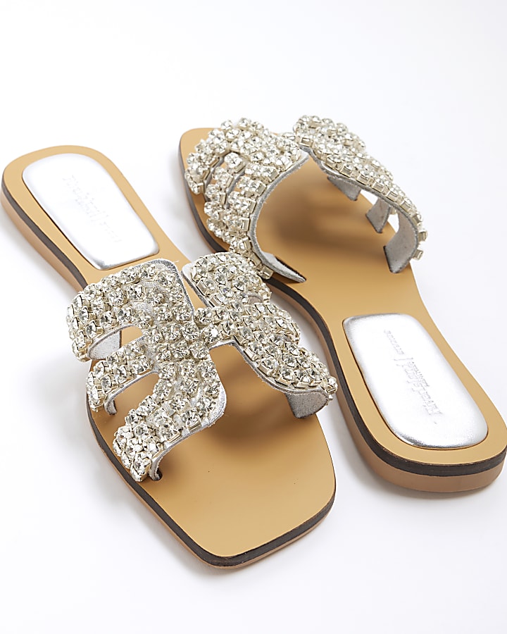 Silver Diamante Cut Out Flat Sandals