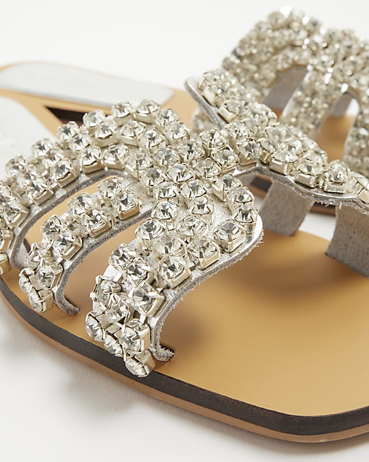 Silver Diamante Cut Out Flat Sandals