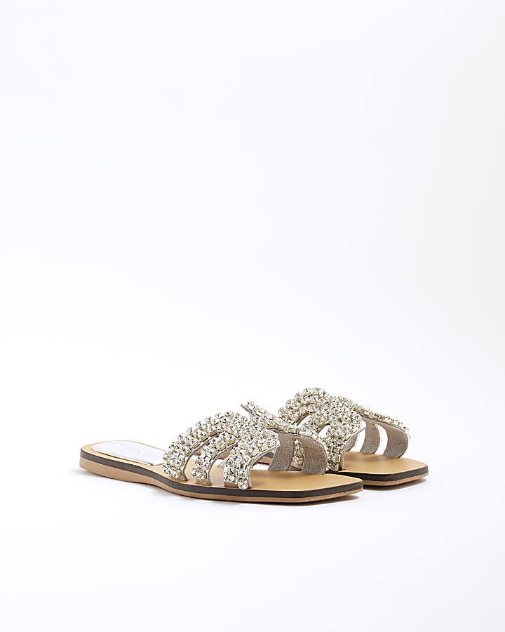 Silver Diamante Cut Out Flat Sandals