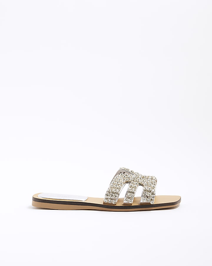 Silver Diamante Cut Out Flat Sandals