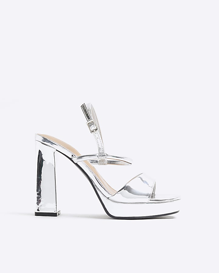 Silver Sling Back Heeled Platform Sandals