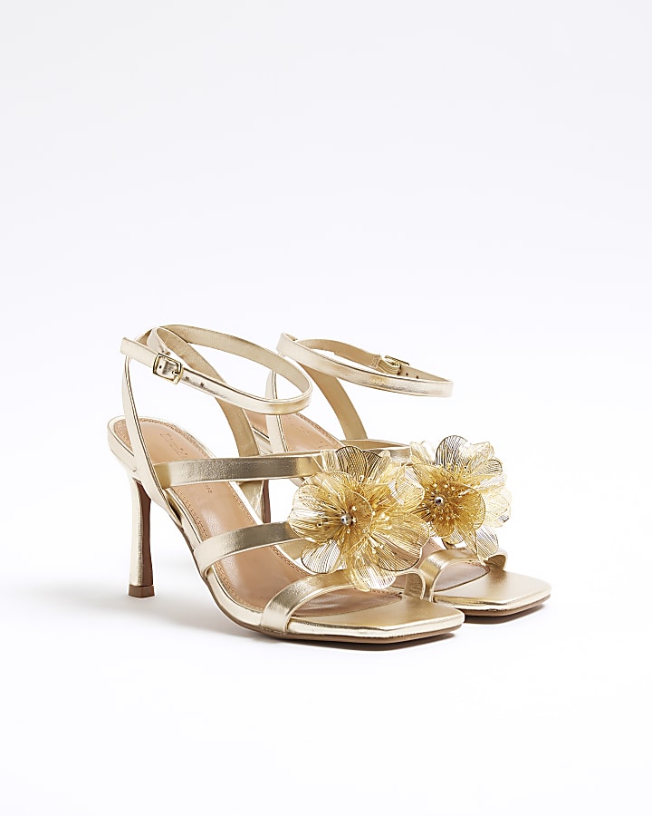 Gold Faux Leather Floral Trim Heeled Sandals