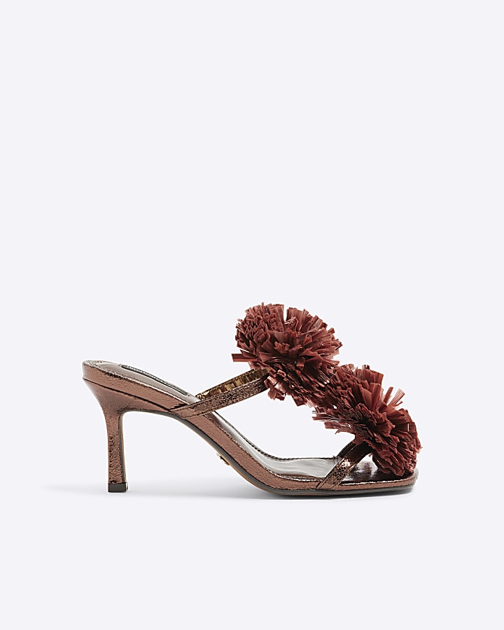 Bronze Flower Trim Heeled Sandals