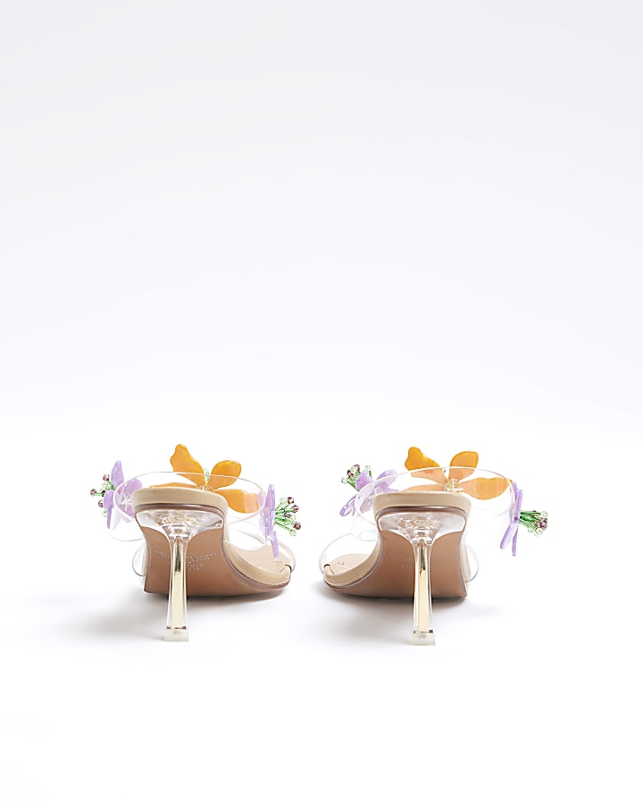 Beige Flower Trim Heeled Perspex Sandals