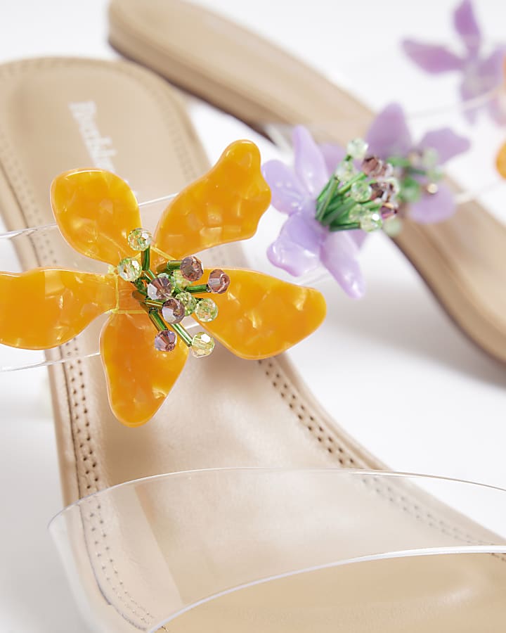 Beige Flower Trim Heeled Perspex Sandals