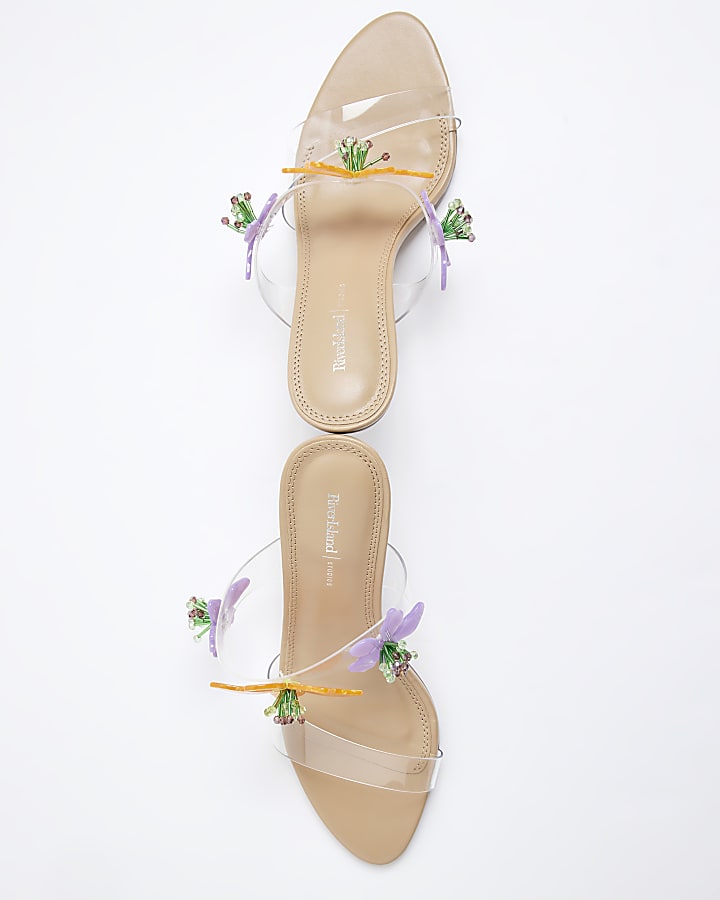 Beige Flower Trim Heeled Perspex Sandals