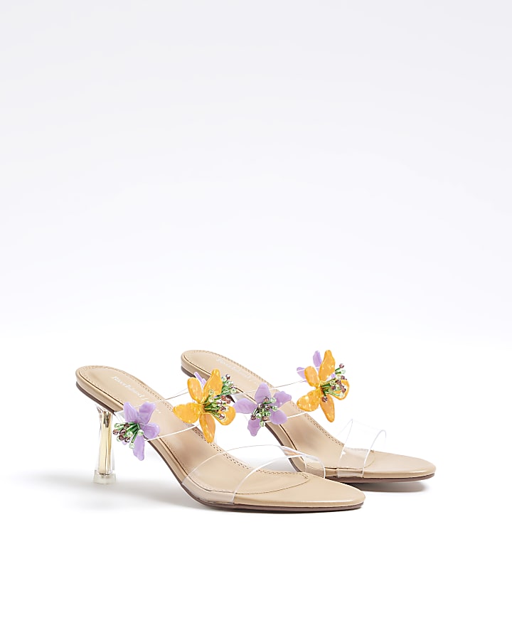 Beige Flower Trim Heeled Perspex Sandals