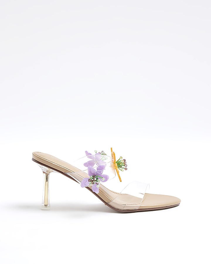 Beige Flower Trim Heeled Perspex Sandals