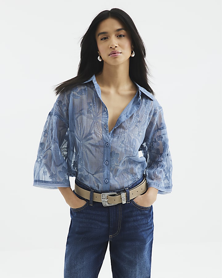 Petite Blue Floral Embroidered Shirt