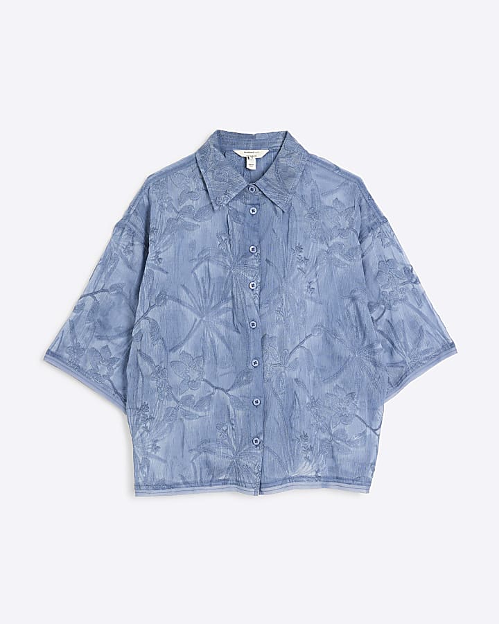 Petite Blue Floral Embroidered Shirt