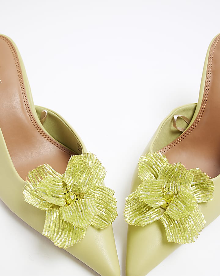 Green Beaded Flower Court Heeled Shoes