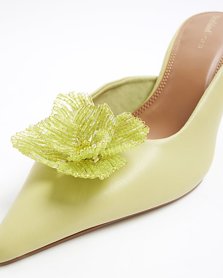 Green Beaded Flower Court Heeled Shoes