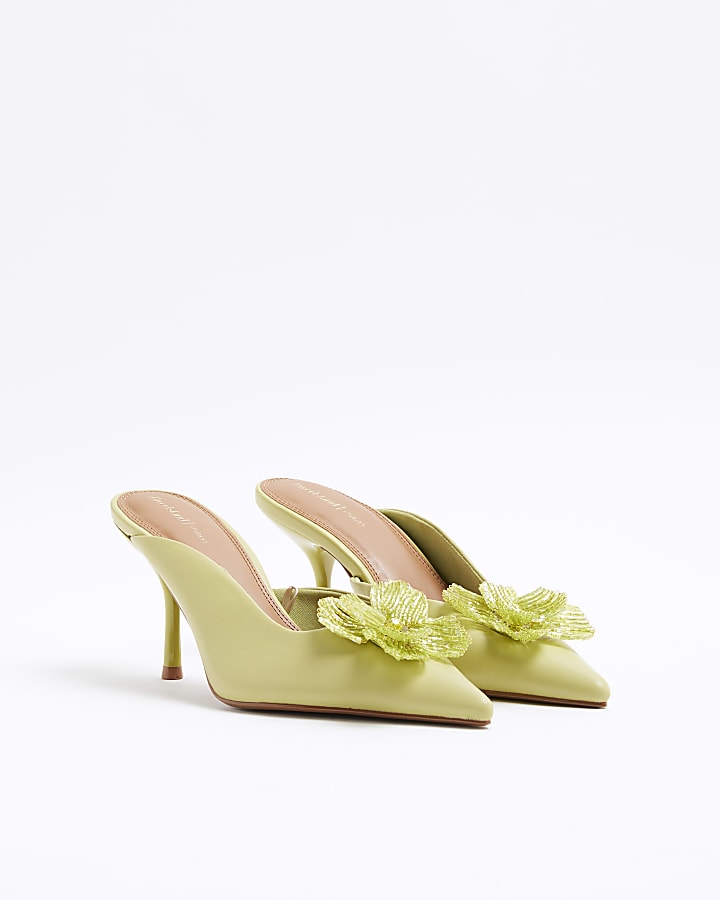 Green Beaded Flower Court Heeled Shoes