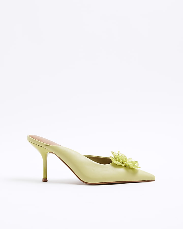 Green Beaded Flower Court Heeled Shoes