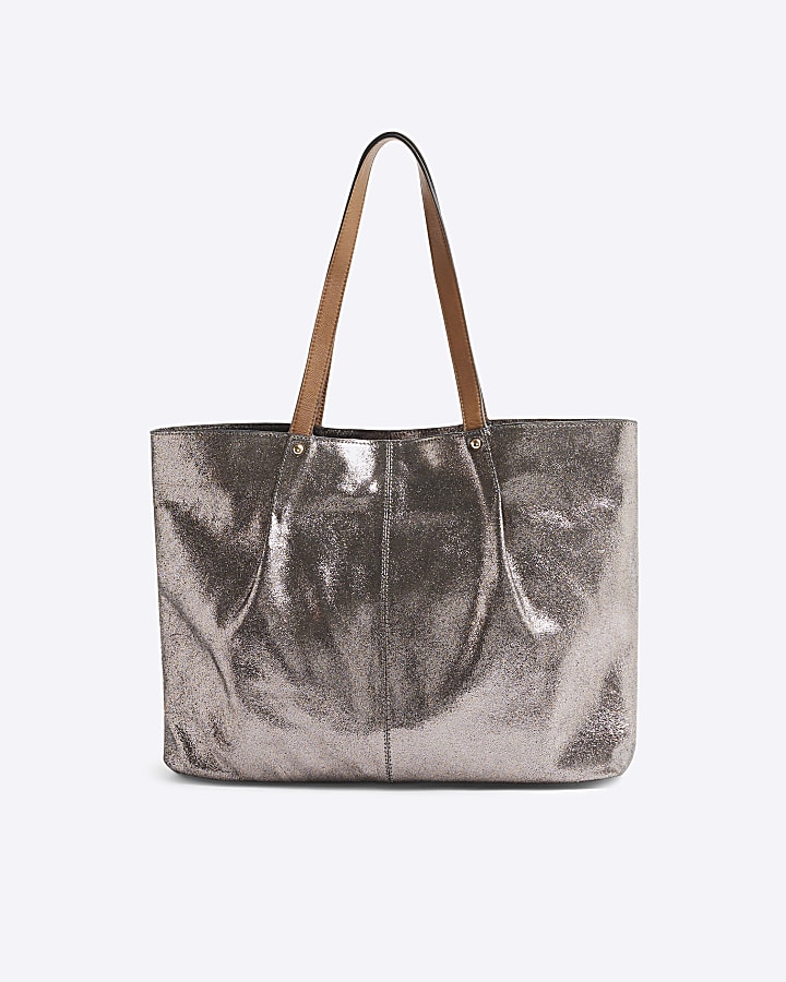 Grey Leather Metallic Shopper Bag