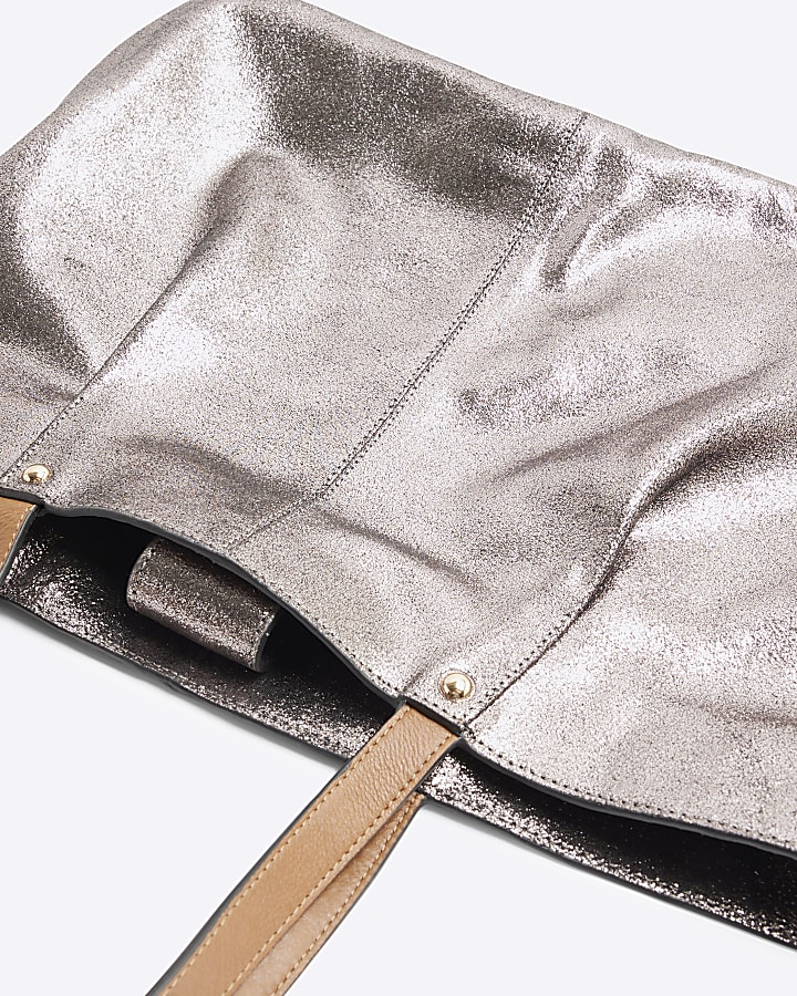 Grey Leather Metallic Shopper Bag