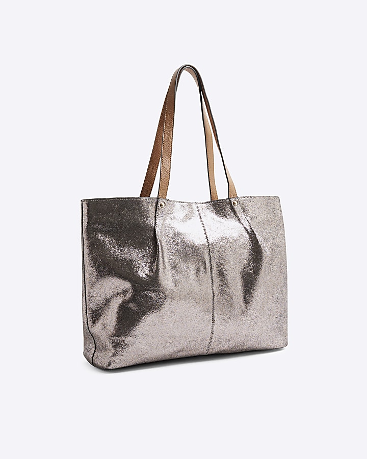 Grey Leather Metallic Shopper Bag