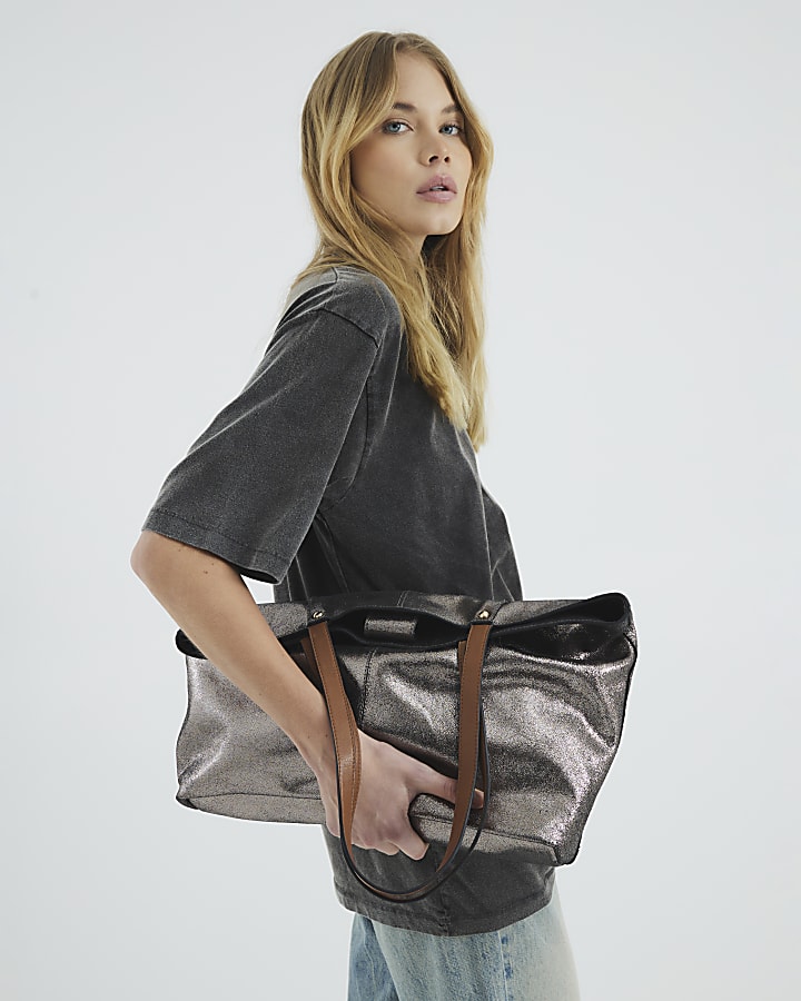 Grey Leather Metallic Shopper Bag