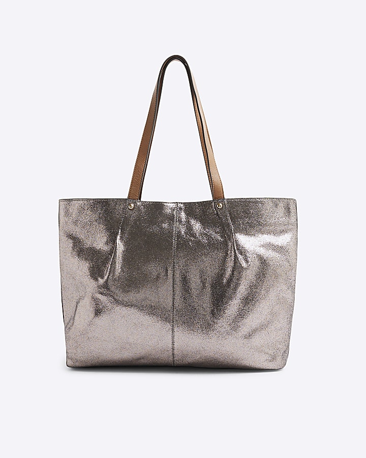 Grey Leather Metallic Shopper Bag