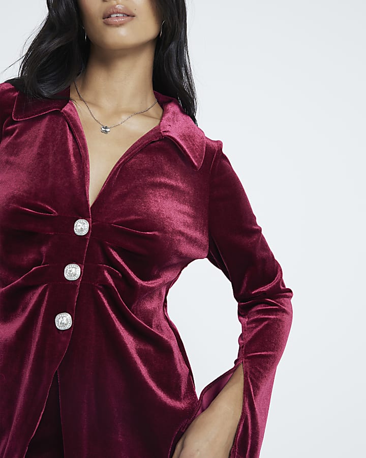 Petite Red Long Sleeved Velvet Shirt