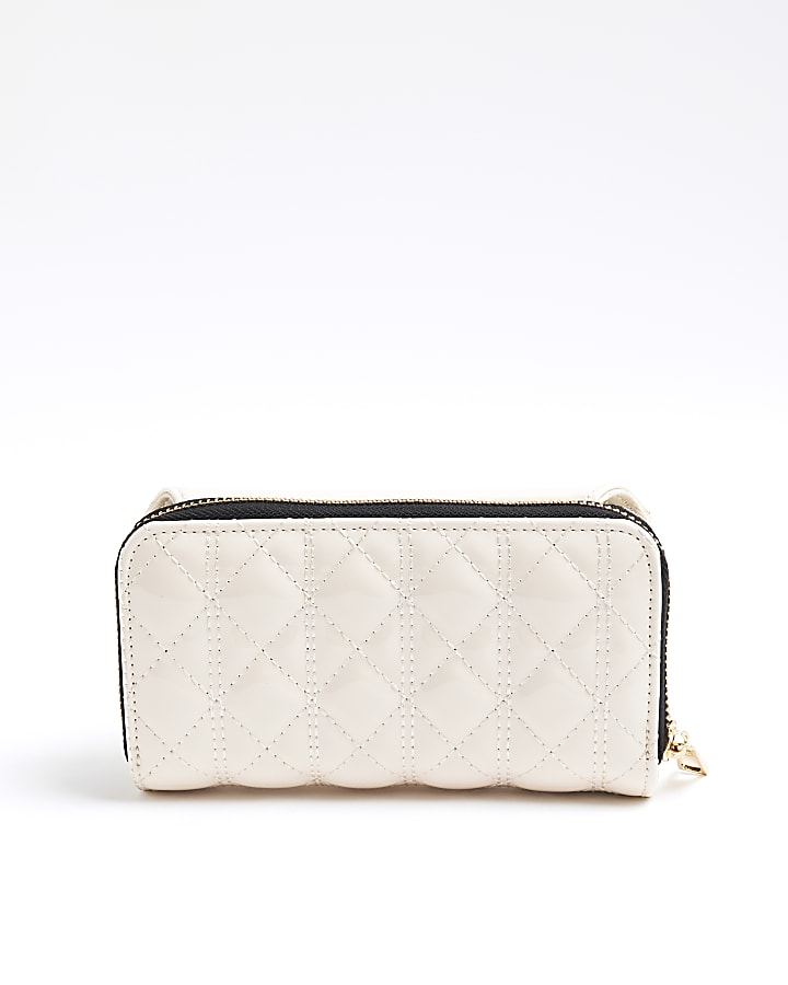 Cream Embossed Flap Zip Around Purse