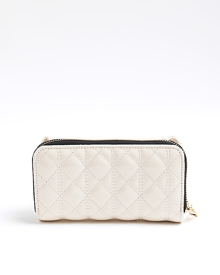 Cream Embossed Flap Zip Around Purse