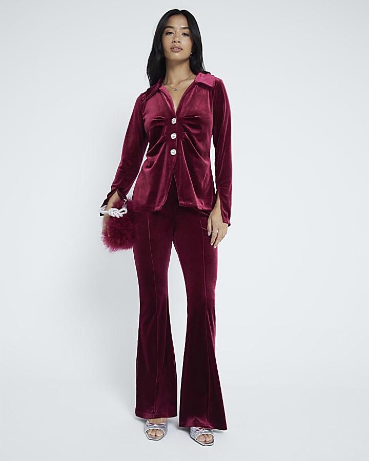 Petite Red Velvet Bootcut Trousers