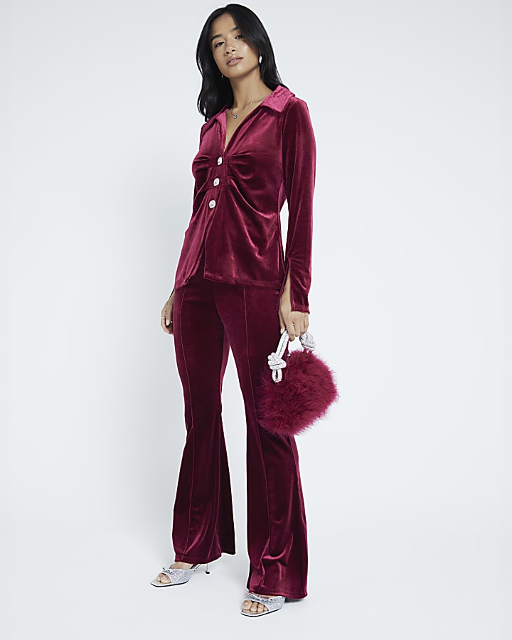 Petite Red Velvet Bootcut Trousers