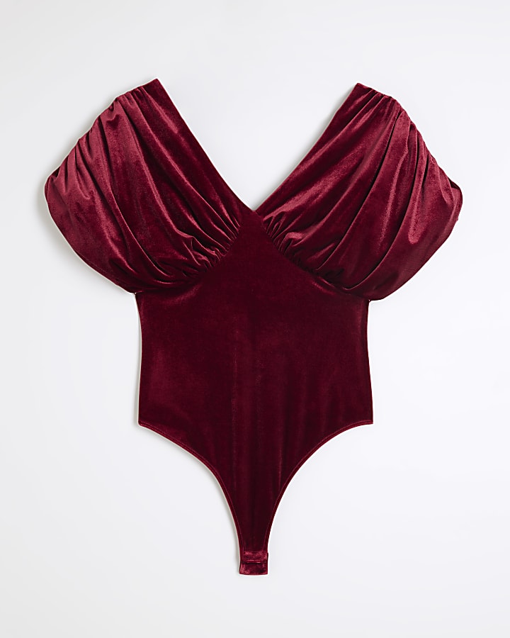 Petite Red Draped Plunged Neck Bodysuit